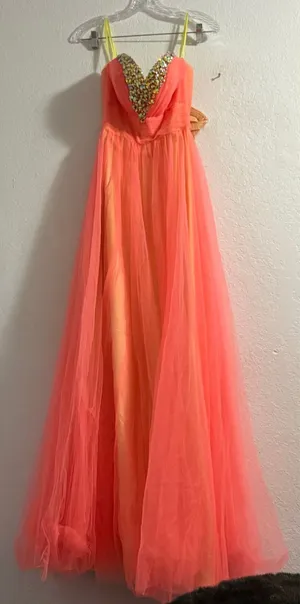 Coral orange ombré beaded tulle prom dress 00 XXS maxi princess thumbnail 1