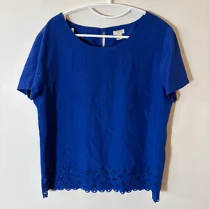 J. Crew Royal Blue Laser Cut Eyelet Scalloped Hem‎ Blouse Size Medium thumbnail 1