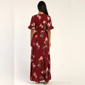 Lulus September Sunsets Burgundy Floral Maxi Wrap Dress thumbnail 3