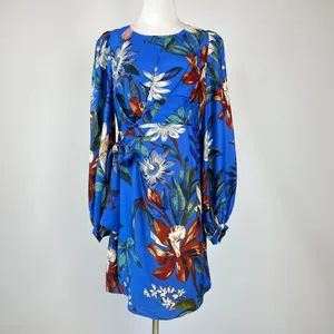 NWOT Farm Rio Blue Surreal Flowers Wrap Long Sleeve Mini Dress Size L thumbnail 2