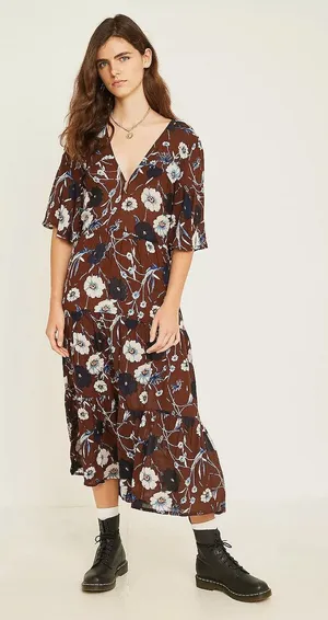 Faithfull The Brand Melia Floral Midi Dress Brown Boho Romantic Size XS thumbnail 1