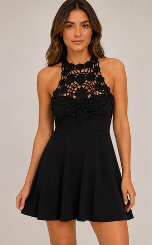 Crochet Halter Mini Dress Womens XS Black Fit Flare Boho Goth LBD Festival party thumbnail 1
