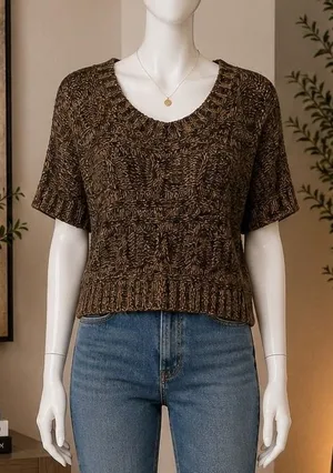 rue21 Womens Sweater Short Sleeve Marled Cable Knit Brown Medium thumbnail 1
