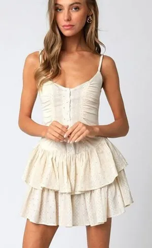 Stella Dallas Ruffled Tiered Mini Dress Beige Size Medium thumbnail 1