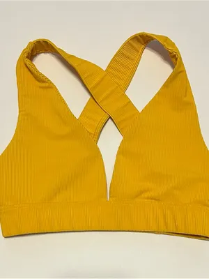 NWOT Mustard Yellow Beach Riot Sports Bra Cross Strap Ribbed V-Neck Bra thumbnail 2