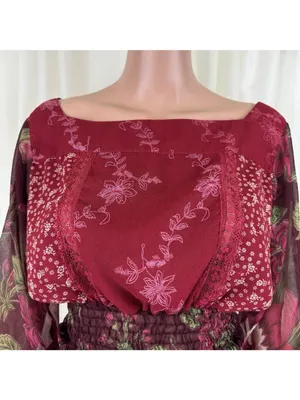 Passport Floral Smocked Elastic Waist Peasant Top Blouse Size L Burgundy thumbnail 3