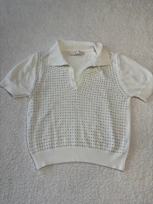 Lizette Collection Y2K Coquette White Open Knit Rhinestone Polo Top Size L thumbnail 2
