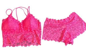 Neon Pink Floral Lace Bralette and Shorts Lingerie Set‎ Medium Padded Hot Pink thumbnail 1