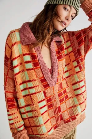 Free People Retro 70s Oversized Plaid Ruben Pullover Tunic Sweater Size Medium thumbnail 1