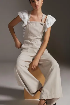 Anthropologie cream Wideleg carpenter summer overalls jumpsuit size xl NWT thumbnail 1
