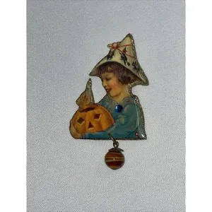 Rare Vintage Halloween Girl with‎ Pumpkin Pin Brooch thumbnail 4