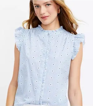 Loft Blue White Stripe Daisy Ruffle Button Front Top Women's Medium thumbnail 1