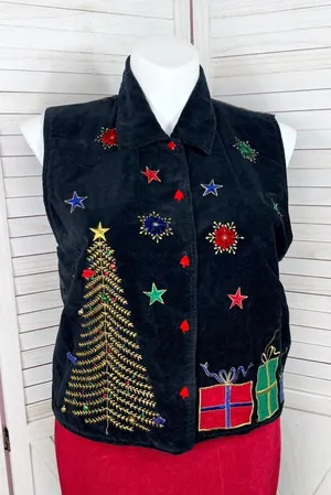 Vintage 90s DressBarn Velvet Embroidered‎ Christmas Button Up Vest Top Black XL thumbnail 1