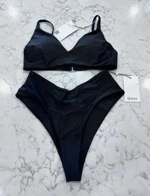 NWT Quince Black Italian V Neck Bikini Top & V Cut High Leg Bottom Set Small thumbnail 1