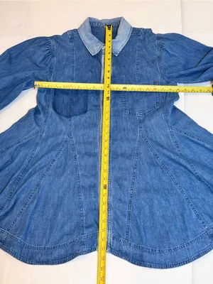 Free People Get Free Denim Mini Dress S Godet Swing Puff Sleeve Pockets Cotton thumbnail 14