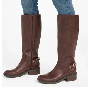 NEW GUESS padmaa riding boots Gold Spell Out Logo Chocolate Brown 8 thumbnail 1