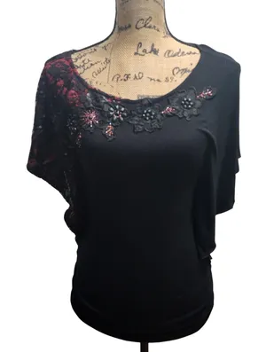 Studio‎ Y Black Embellished Butterfly Sleeve Top Size S thumbnail 1