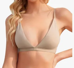 Cream Removable Padded Yoga Seamless V Neck Bralette thumbnail 2