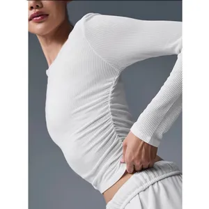 Alo Yoga Gather Long Sleeve White Ribbed Ruched Crop Top XS thumbnail 7