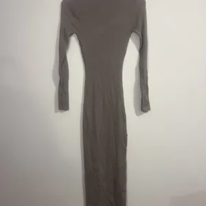 Long-Sleeve Asymmetric Midi Dress in Taupe thumbnail 7