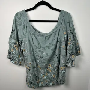 Maurices XL Blouse Womens Boho Green Floral Stretch‎ Neckline Off Shoulder thumbnail 2