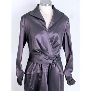 Tadashi Collection 14 Dark Purple Satin Wrap Midi Dress Ruched Cuffs thumbnail 2