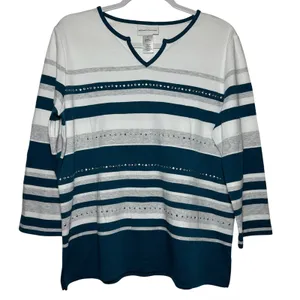 Alfred Dunner‎ Striped 3/4 Sleeve V Neck Top Stud Embellished Women's Size Small thumbnail 1