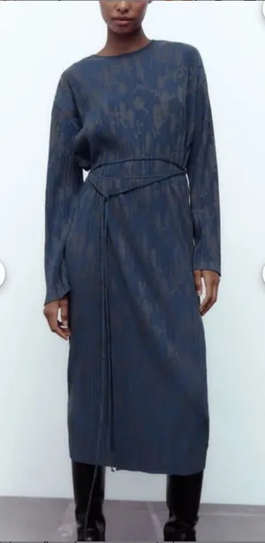 Zara Elegant Blue Patterned Dress Size L thumbnail 1