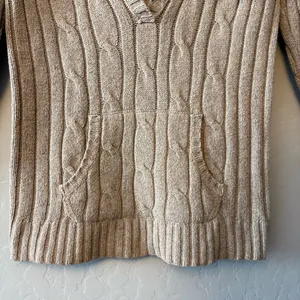 Hollister Y2K beige cable knit hooded deep v-neck rabbit hair sweater large thumbnail 7