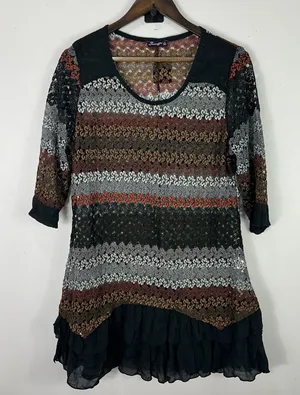 Formanality 1X Crochet‎ Lace Mini Dress Boho Festival Tunic Sheer Chiffon Hem thumbnail 1