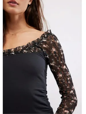 Free People Dainty Coquette Scoop Neck Josie Long Lace Sleeve Top Black Large thumbnail 4