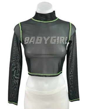 Urban Outfitters Womens Black Babygirl Rhinestone Mesh Long-Sleeve Crop Top XS thumbnail 1