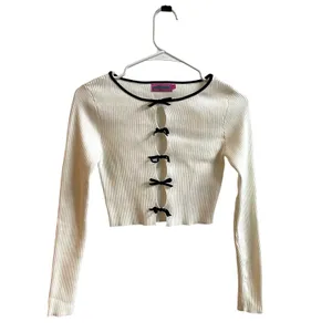 Edikted Bow Front Top Womens Small White Coquette Balletcore Ribbed‎ Long Sleeve thumbnail 3