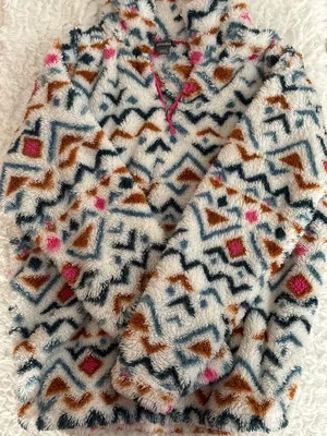 Eddie Bauer Cream Fuzzy Pullover with Navy, Brown & Pink Accents thumbnail 1