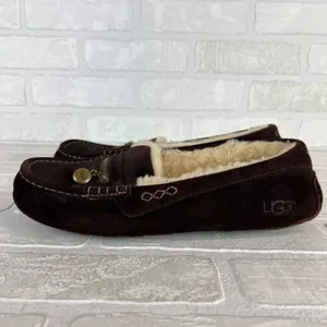 UGG Ansley Moccasin Slippers Womens 10 Brown Suede Shearling Fur Lined Zip Charm thumbnail 7