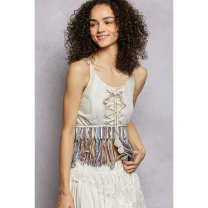 POL‎ Lace-Up Fringe Hem Tank with Lace Detail - Large thumbnail 2