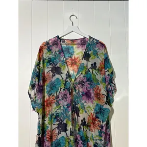 Floral Kimono Cover-Up With Fringe Hem & Tie Closure Multiple Colors M/L thumbnail 2