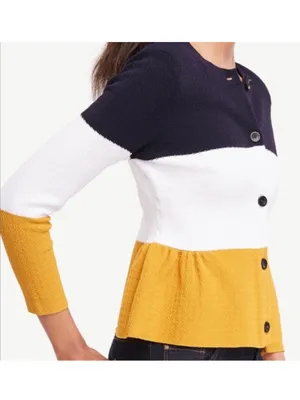 Ann Taylor Womens Colorblock Peplum Cardigan Medium Navy Mustard Preppy Mod thumbnail 2