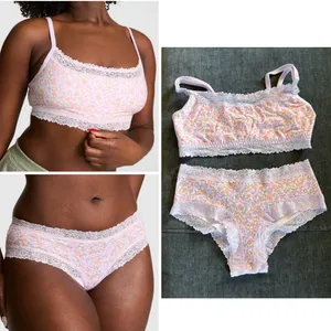 💐VS PINK Cotton Lace Trim Bralette & Cotton Cheeky Panty Petite Lilac Floral M thumbnail 2