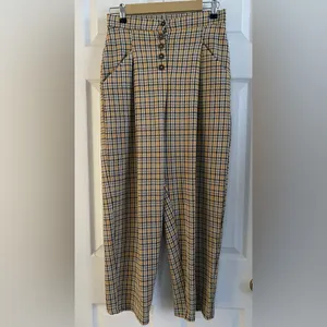 Free People Posey Plaid High Waisted Pleated Carrot Trousers Pants Yellow thumbnail 4