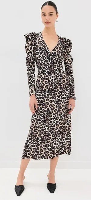 NWT‎ Farm Rio Leopard Maxi Dress XS Brown Animal Print Puff Sleeve V-Neck thumbnail 1