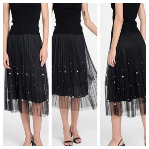 Anthropologie Eva Franco Black Pearl Pleated Midi Skirt thumbnail 2
