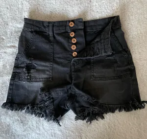 No Bo Black denim shorts with frayed hem and button fly #denim #summer thumbnail 1