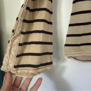 Free People Striped Cotton Crochet Lace Trim Long Sleeve Top Womens Small Boho thumbnail 4