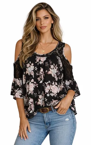 Charming Charlie Black Floral Cold Shoulder Blouse XL Lace Boho Flowy Top thumbnail 1