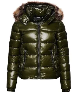 Superdry Code Sportswear High Shine Puffer Jacket Faux Fur Hood Olive Green S/10 thumbnail 1