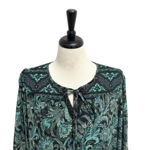 Kim Gravel Belle Black Green Paisley Sheer Sleeve Overlay Split V Neck Tie Top M thumbnail 2