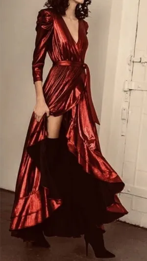 Retrofête Flora Metallic Red Lame Wrap Maxi Puff Sleeve Asymmetrical Gown Small thumbnail 1
