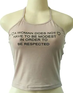 “A Woman Doesn’t Have To Be” Quote Halter Crop Top thumbnail 1
