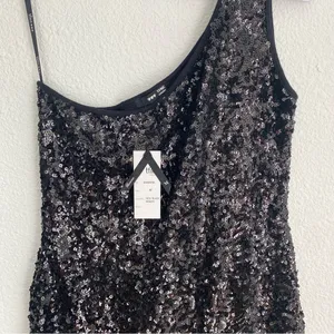 NWT one shoulder black shimmer sequin mini dress lined, size S / M thumbnail 2